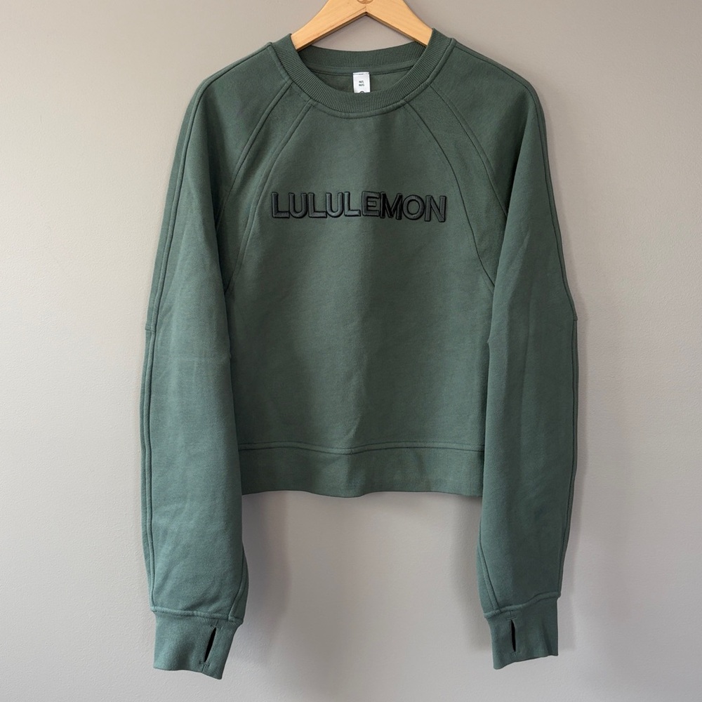 Lululemon Scuba Oversized Pullover *Wordmark Logo M/L Gray Eucalyptus Green